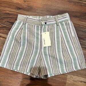 The Korner High-Waist Striped Shorts in Green Tan & White Linen Blend Size 4 NWT